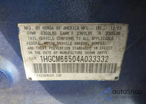 2004 Honda Accord 3.0 Ex from USA, damaged, VIN 1HGCM66504A033332